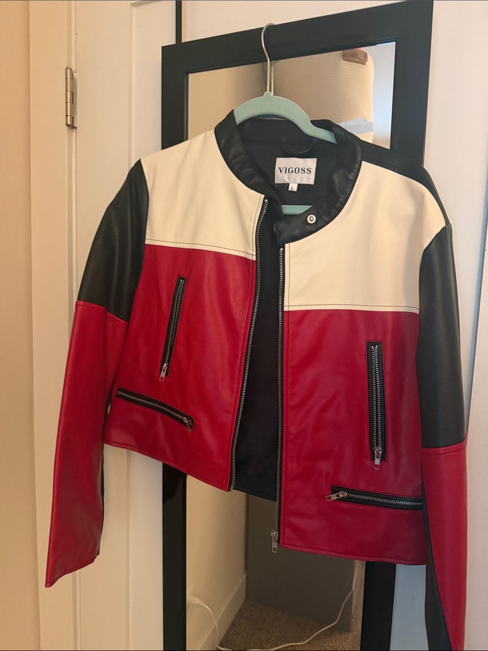 Vigoss Red, White & Black Colorblock Leather Jacket